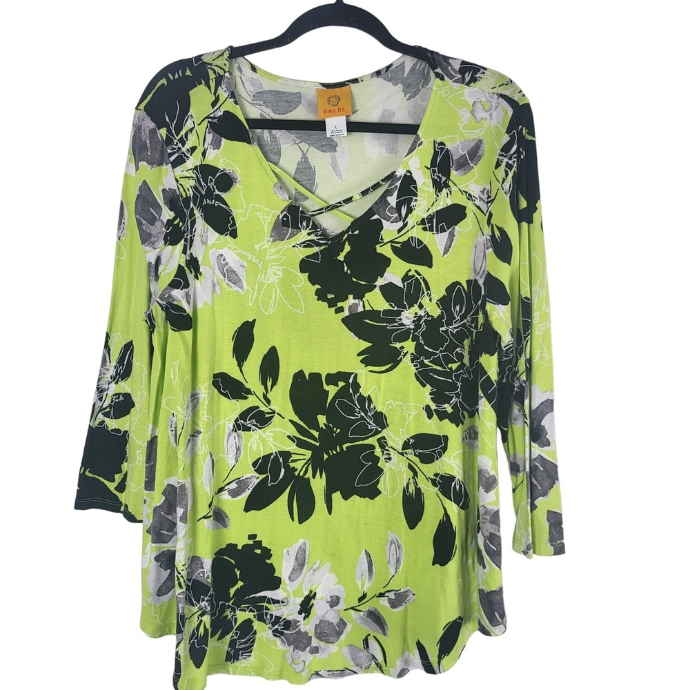 Ruby Rd Blouse L Womens Green Black Floral V Neck Long Sleeve Pullover Top
